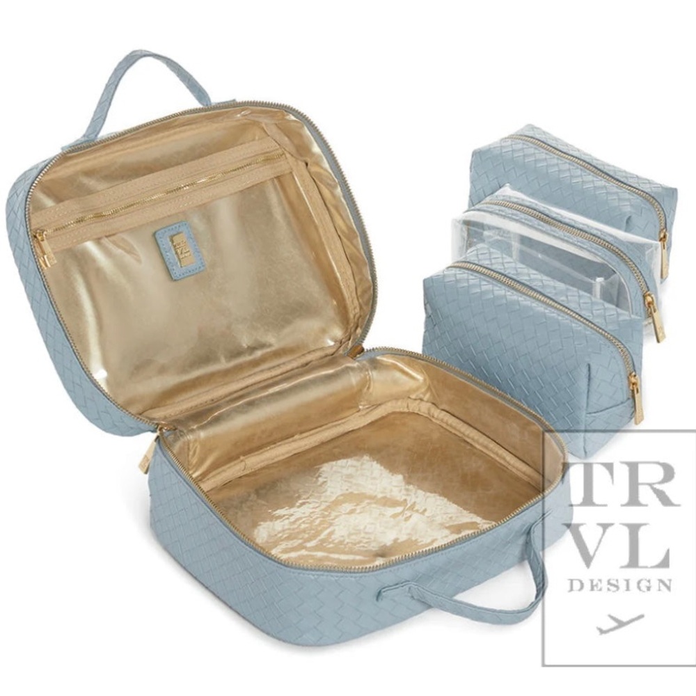 Blue leather  Toiletry or Makeup Bag Set NEW! Never used!